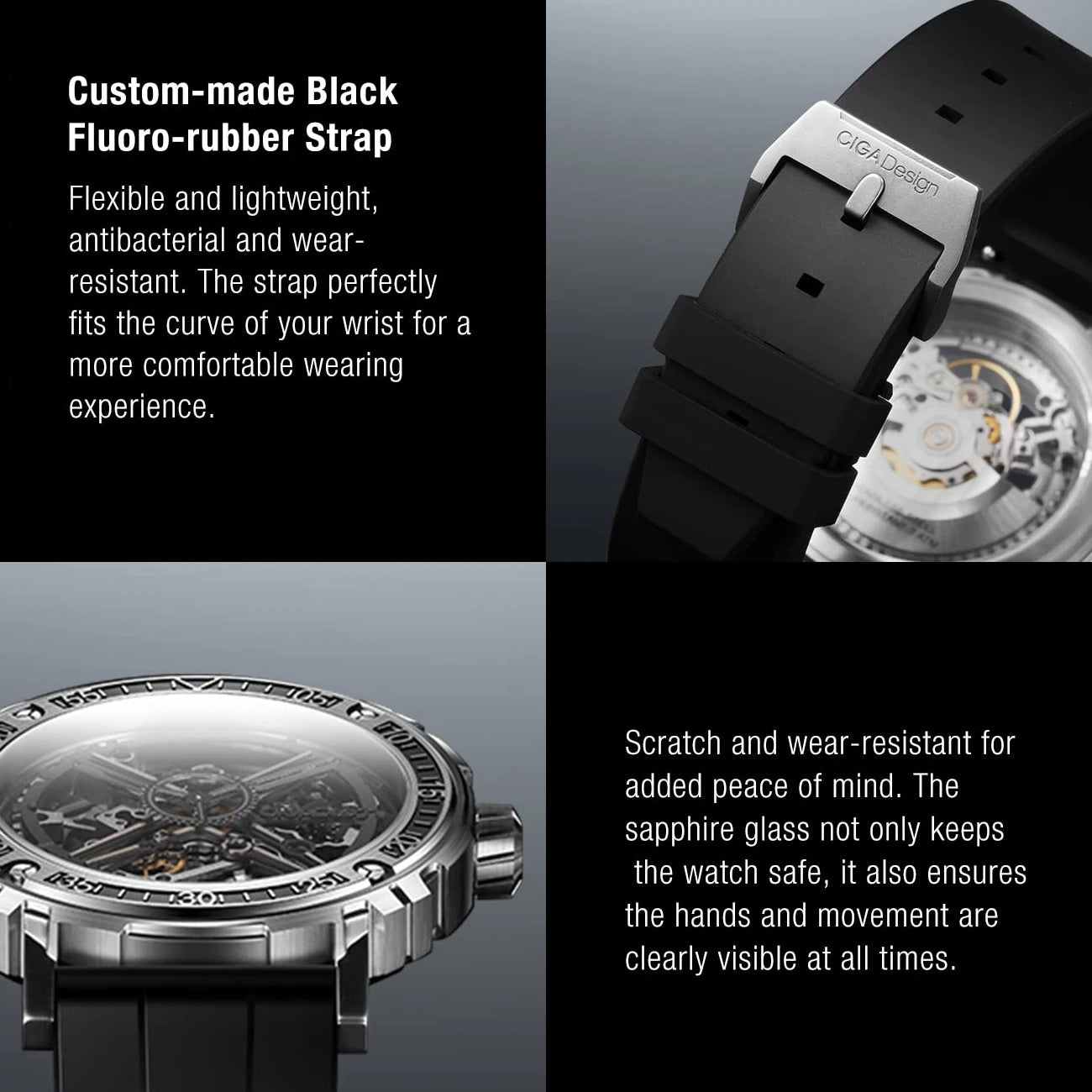 CIGA Design Men's Watch: 3-in-1 Titanium Skeleton with Fluororubber Strap.