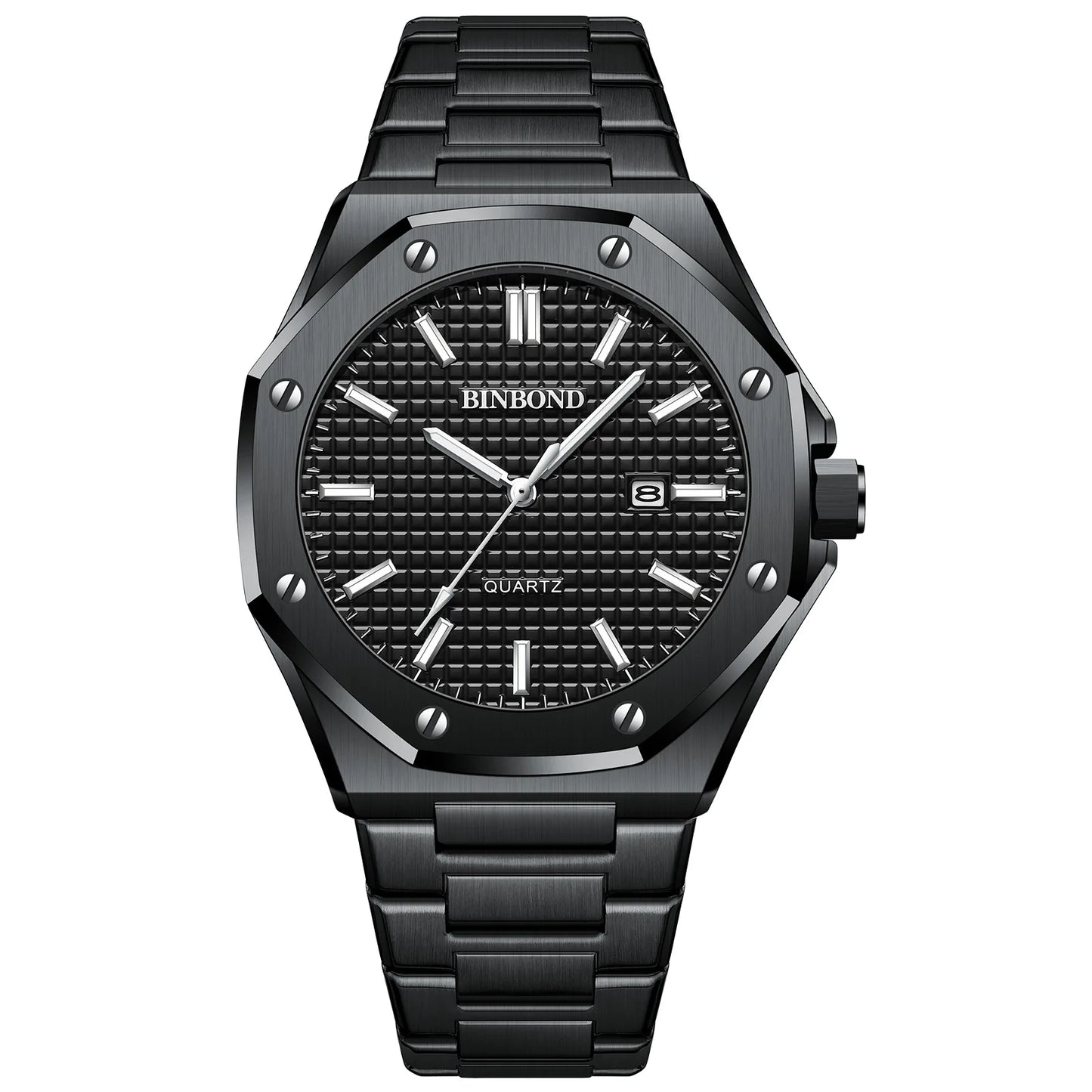 Royal Fashion Casual Men Watches Big Dial Silver Stainless Steel Calendar Quartz Wristwatch Classic Top Brand BINBOND Male Clock