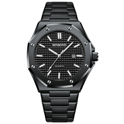 Royal Fashion Casual Men Watches Big Dial Silver Stainless Steel Calendar Quartz Wristwatch Classic Top Brand BINBOND Male Clock