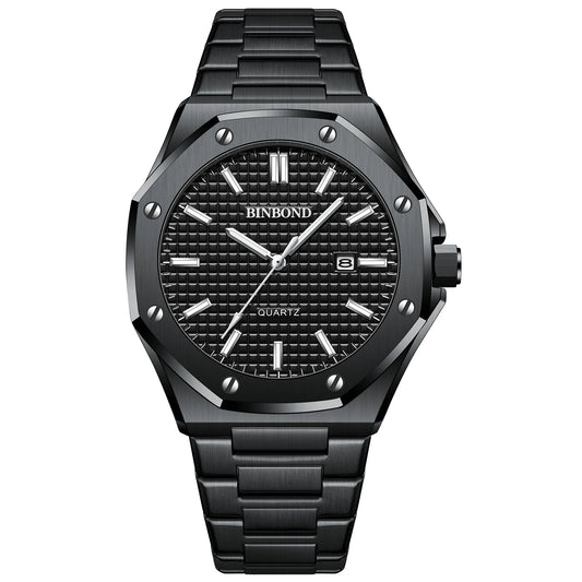 Royal Fashion Casual Men Watches Big Dial Silver Stainless Steel Calendar Quartz Wristwatch Classic Top Brand BINBOND Male Clock