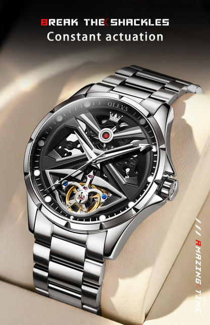 Montre automatique OLEVS pour homme squelette original lumineux étanche bracelet en cuir acier inoxydable montre mécanique pour homme or rose