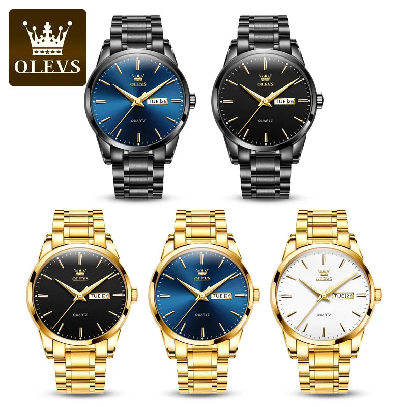 Montres-bracelets classiques en or OLEVS pour montre-bracelet à quartz pour hommes en cuir de luxe de marque supérieure, étanche et lumineuse en acier inoxydable