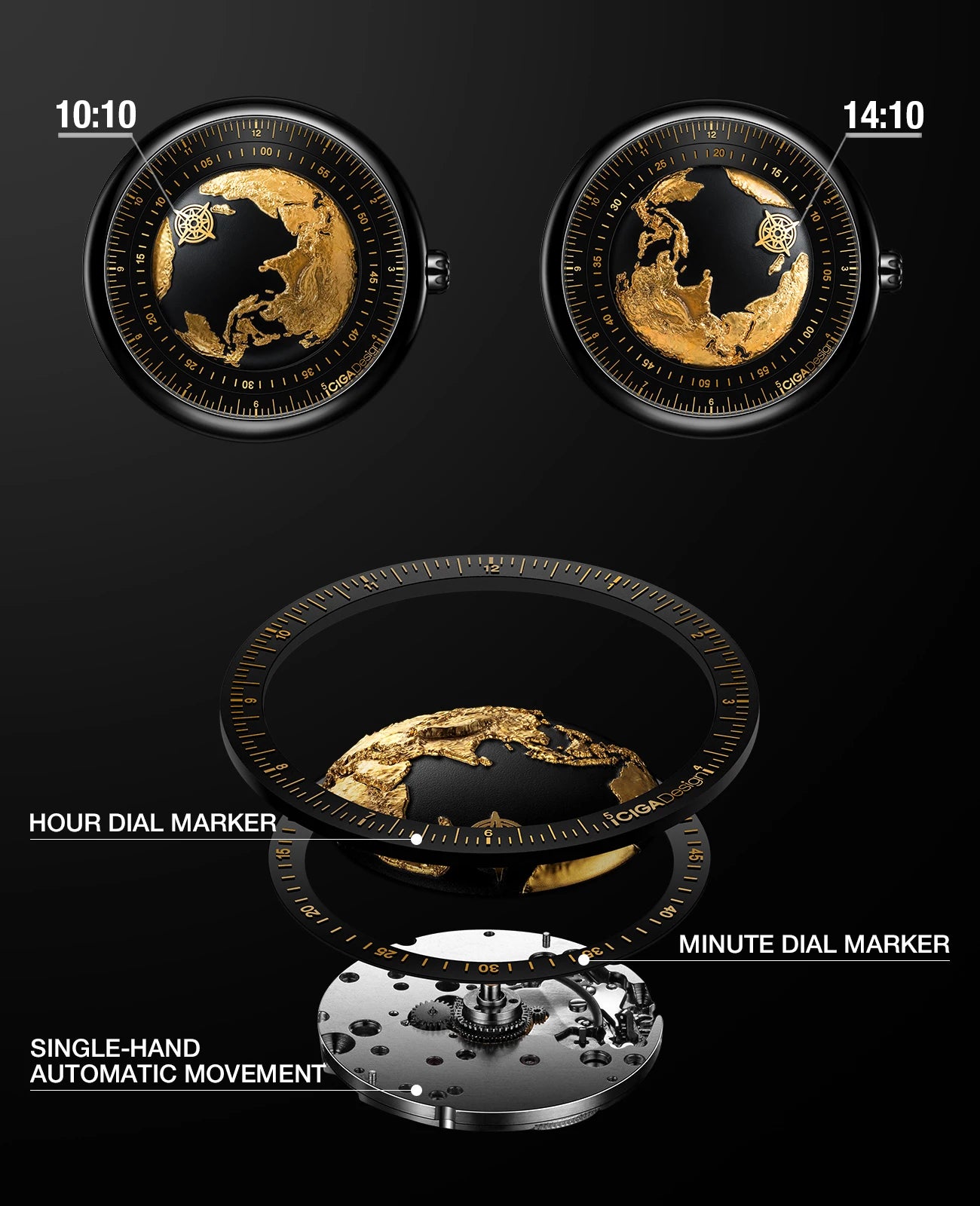 CIGA Design U Series Blue Planet Men's Watch: Luxury Automatic with Gilding & Ceramic.