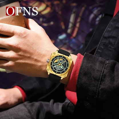 Montre à quartz pour homme de marque OFNS, modèle 8017, avec cadran rotatif en étoile à cinq branches, étanche et lumineuse