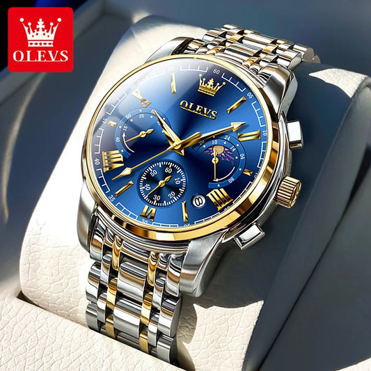 Montre homme OLEVS Montre à quartz de marque de luxe Montre classique à phases lunaires Montre squelette chronographe étanche Montre homme d'affaires