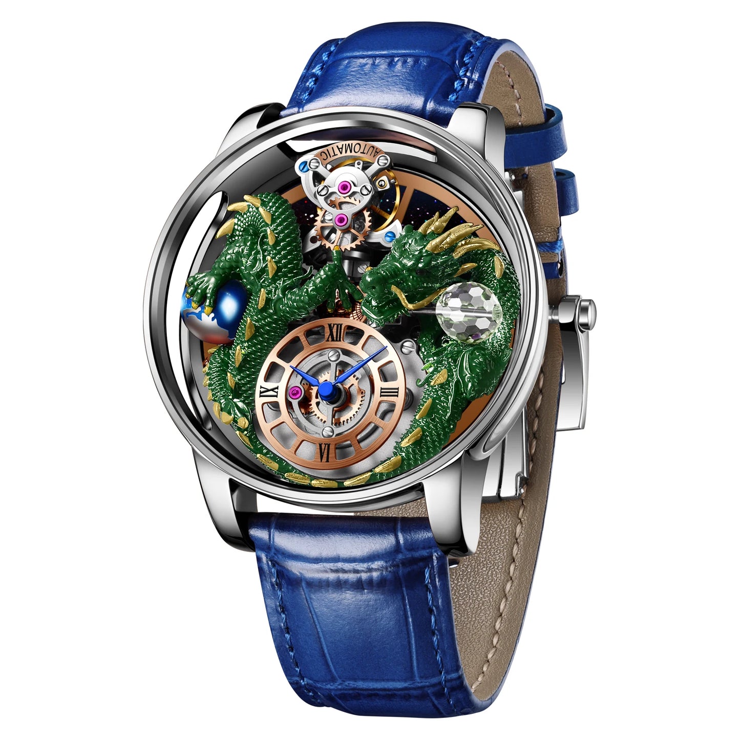 PINDU Men's Watch: Handmade Dragon Design with Curved Transparent Mirror