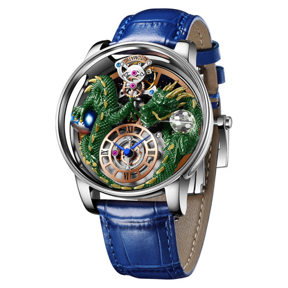 PINDU Men's Watch: Handmade Dragon Design with Curved Transparent Mirror