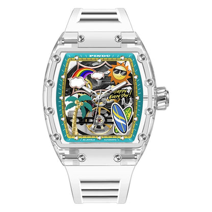 PINDU Men's Watch Silicone Strap Skeleton Dial with Luminous Design