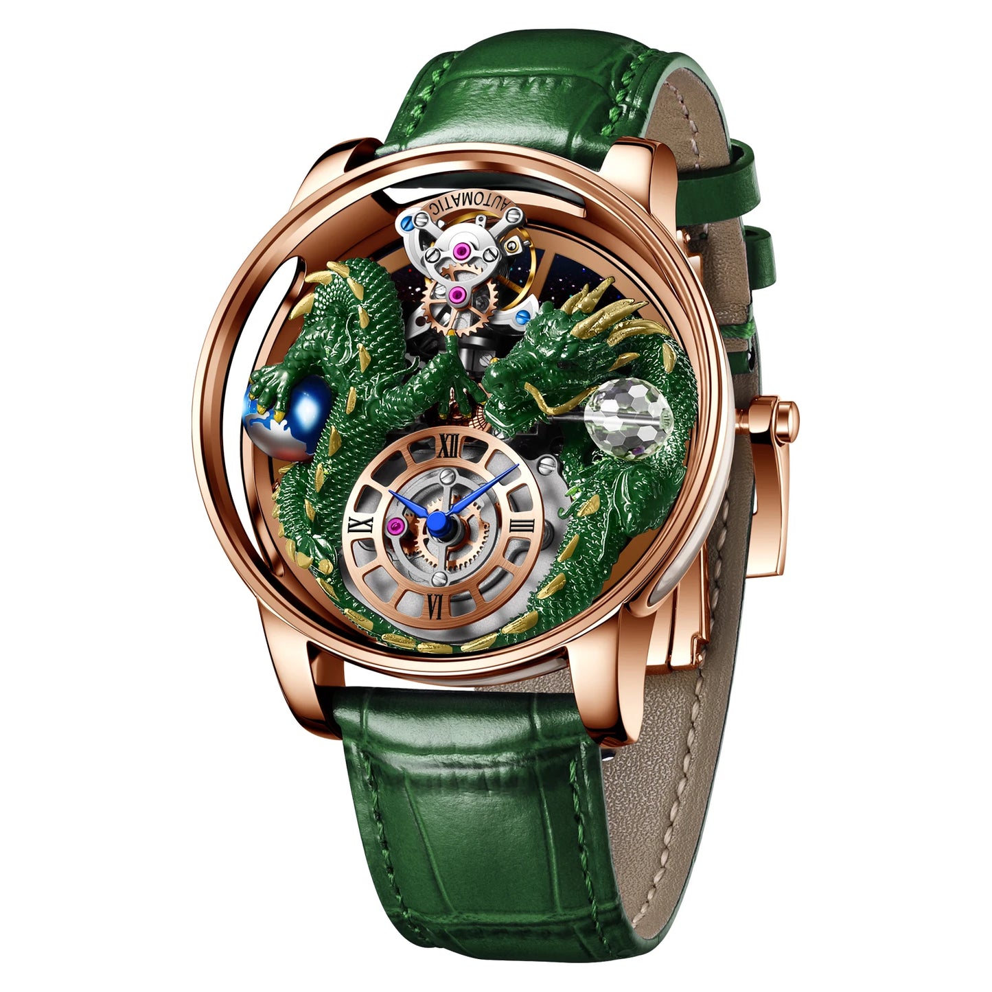 PINDU Men's Watch: Handmade Dragon Design with Curved Transparent Mirror