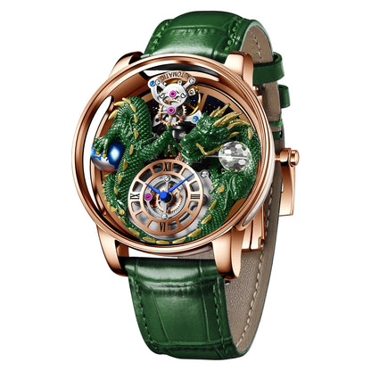PINDU Men's Watch: Handmade Dragon Design with Curved Transparent Mirror