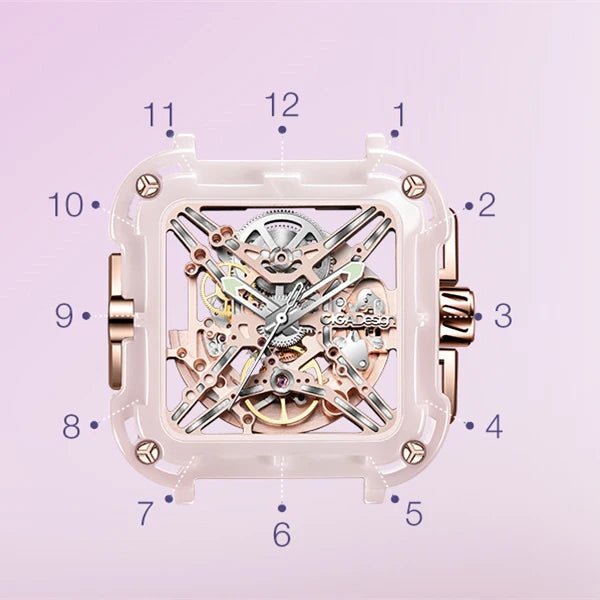 CIGA Design X Series Women's Watch: Pink Ceramic Skeleton with Soft Silicone Strap.