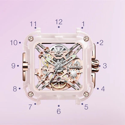 CIGA Design X Series Women's Watch: Pink Ceramic Skeleton with Soft Silicone Strap.