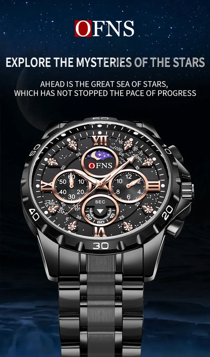 OFNS 1523 Men's Steel Band Six Needle Quartz Watch Fashionable and Trendy Simple Nightglow Waterproof Men's Watch