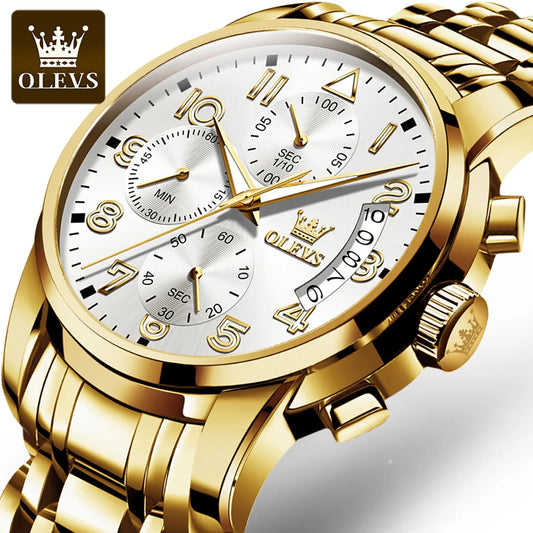 Montres pour hommes OLEVS Montre de luxe originale en acier inoxydable étanche pour hommes Montre-bracelet à quartz multifonctionnelle Montre pour hommes en or