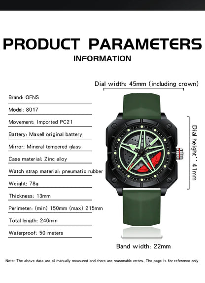 Montre à quartz pour homme de marque OFNS, modèle 8017, avec cadran rotatif en étoile à cinq branches, étanche et lumineuse