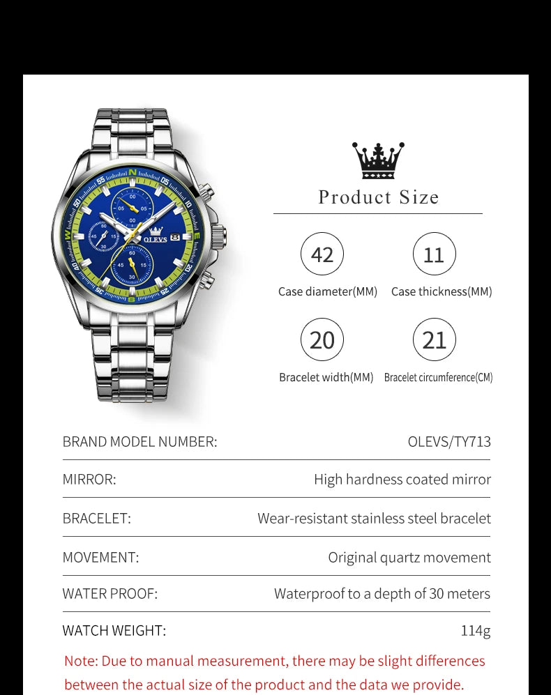 Montres exclusives originales pour hommes OLEVS Chronographe Cadran lumineux Montre-bracelet en acier inoxydable étanche à la mode pour hommes TOP Marque