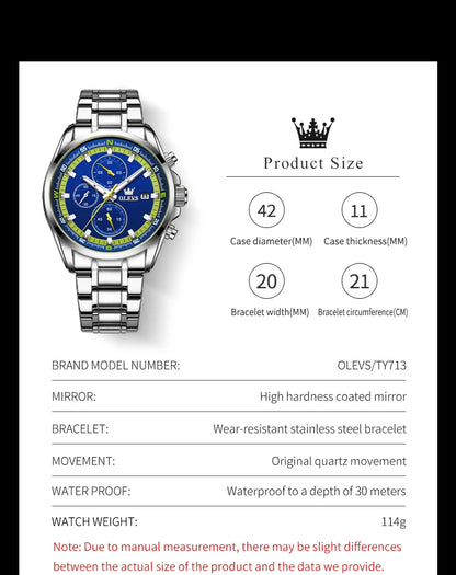 Montres exclusives originales pour hommes OLEVS Chronographe Cadran lumineux Montre-bracelet en acier inoxydable étanche à la mode pour hommes TOP Marque