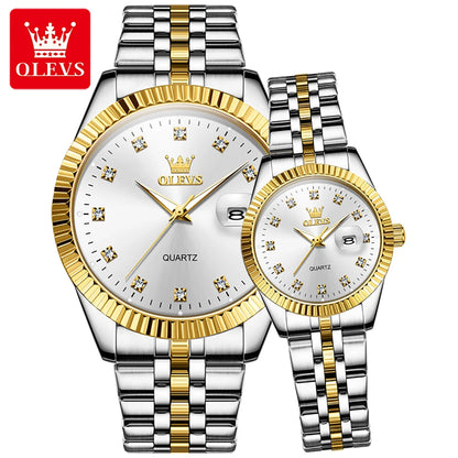 Ensemble de montres pour couple OLEVS Montre de luxe en or avec diamant Montre-bracelet à quartz lumineuse étanche Montre en acier inoxydable pour amoureux Cadeaux 5526