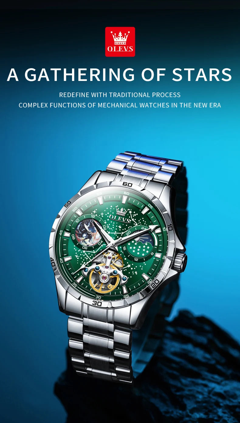 OLEVS New Men's Automatic Watch Skeleton Multifunctional Starry Sky Stainless Steel Leather Watchband Luxury Dress Wrist Watches