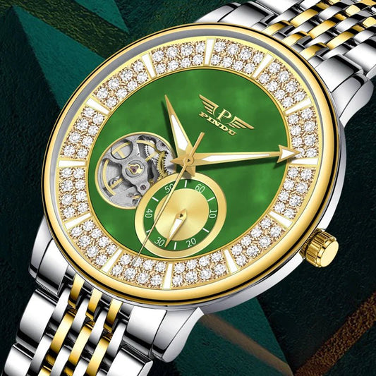 PINDU Men's Watch Green Steel Diamond Tourbillon with Chronograph Design