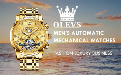 Montre mécanique automatique originale OLEVS 9910 pour hommes Tourbillon Skeleton Design Montre-bracelet pour hommes en acier inoxydable Phase de lune
