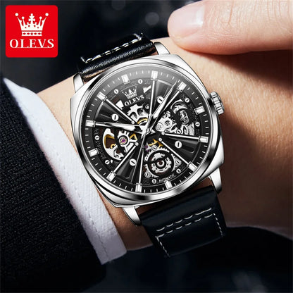 Montre automatique OLEVS 6685 pour homme, squelette doré, acier inoxydable, bracelet en cuir, étanche, sport, montres-bracelets mécaniques pour hommes