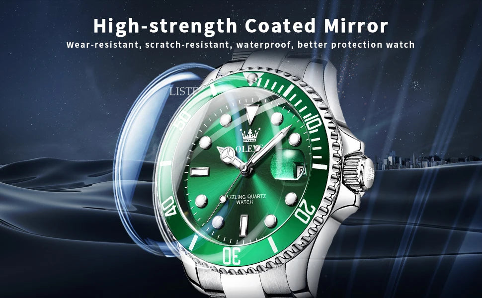 OLEVS Men Watch Diver Green Waterproof Watch for Men Stainless Steel Quartz Men Luxury Watch Luminous