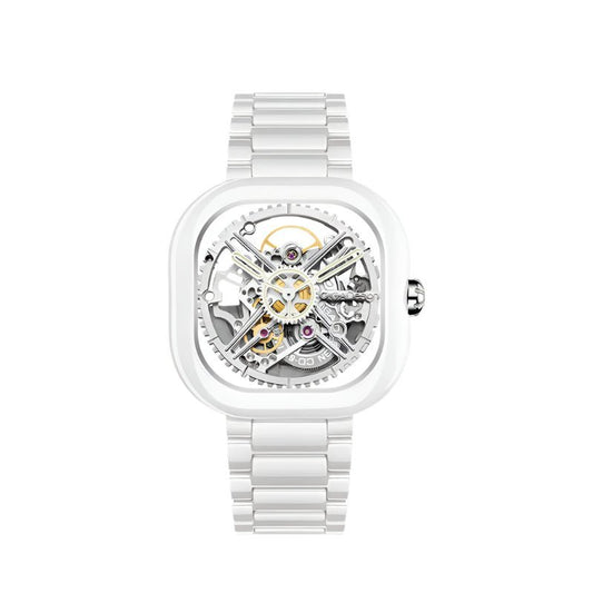 CIGA Design Y Series Couple Watch: White Ceramic Skeleton with Luminous Jade Design.