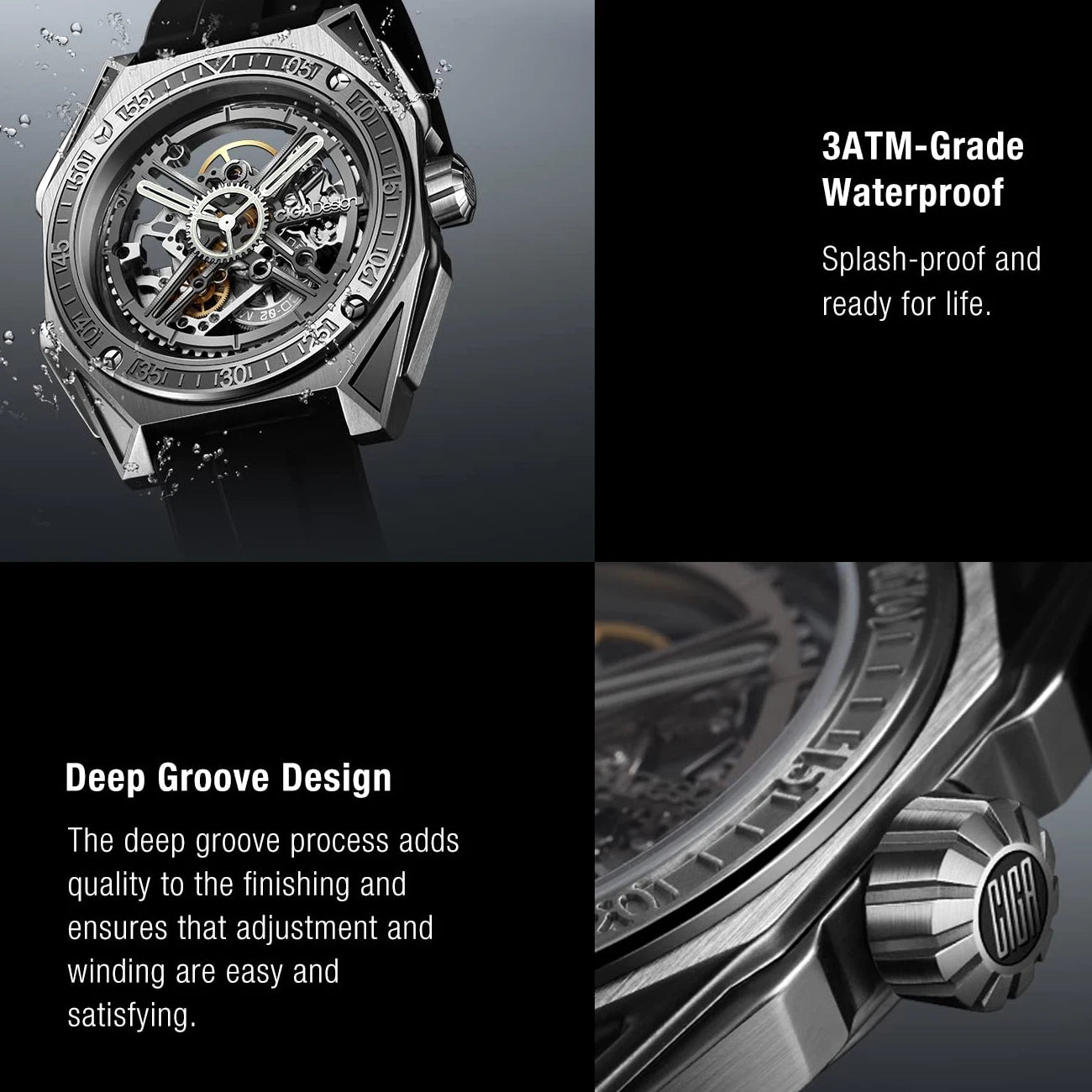CIGA Design Magician Series Men's Watch: 3-in-1 Skeleton with Steel Case & Fluororubber Strap.