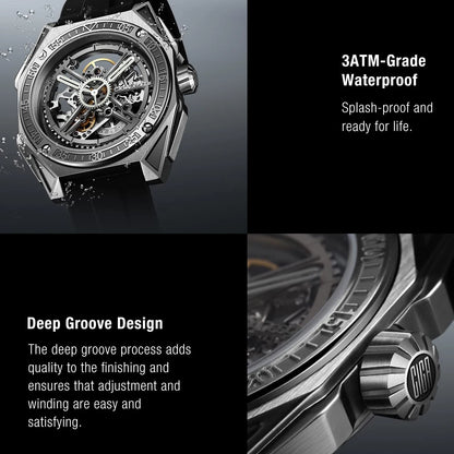 CIGA Design Magician Series Men's Watch: 3-in-1 Skeleton with Steel Case & Fluororubber Strap.