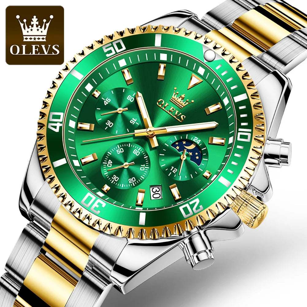 OLEVS Montre Homme Acier Inoxydable Étanche Luiminous Business Mode Luxe Montre Homme Date Phase De Lune Montres À Quartz Pour Hommes