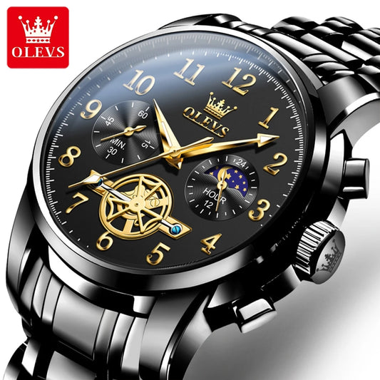Montres pour hommes OLEVS Montre-bracelet multifonctionnelle pour hommes Montre-bracelet étanche en acier inoxydable avec volant d'inertie lumineux Montre pour homme 2024 Nouveau