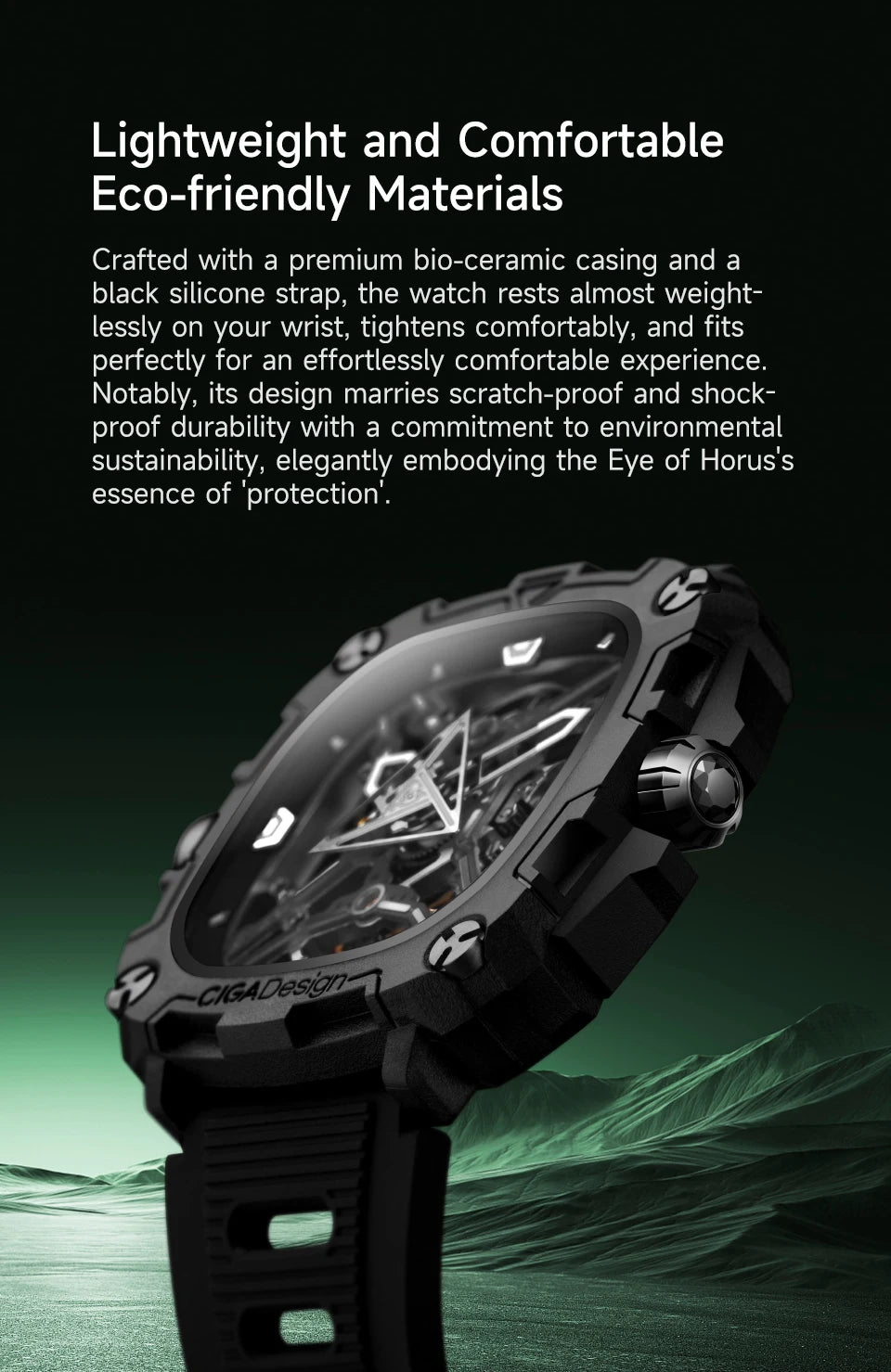 CIGA Design Series X Men's Watch: Eye of Horus Skeleton with Luminous Square Design.