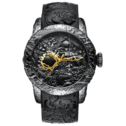 BIDEN Waterproof Sports MAN Watches Dragon Design Quartz Watch for Men Silicone Strap Wristwatch Male Clock Relogio Masculino