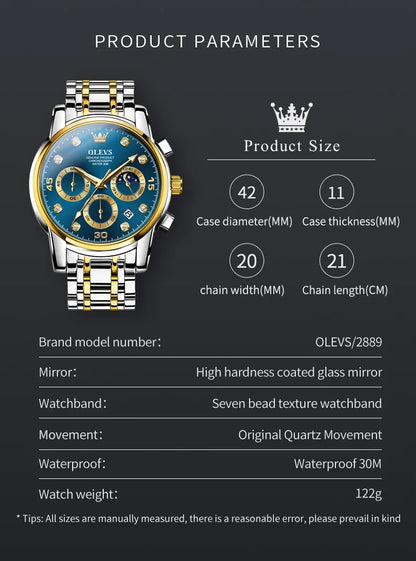 OLEVS Original Men Watch Quartz Chronograph Moon phase Date Luminous Waterproof Luxury Business Wristwatch Quartz Watch for Men
