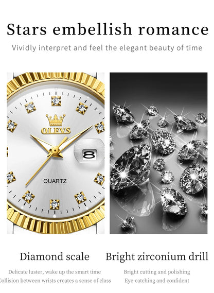 Ensemble de montres pour couple OLEVS Montre de luxe en or avec diamant Montre-bracelet à quartz lumineuse étanche Montre en acier inoxydable pour amoureux Cadeaux 5526