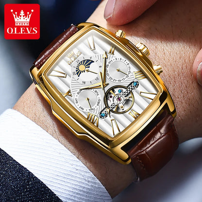 Montre automatique pour homme OLEVS Bracelet en cuir d'origine Date Cadran carré Montre-bracelet pour homme étanche Montre mécanique pour homme