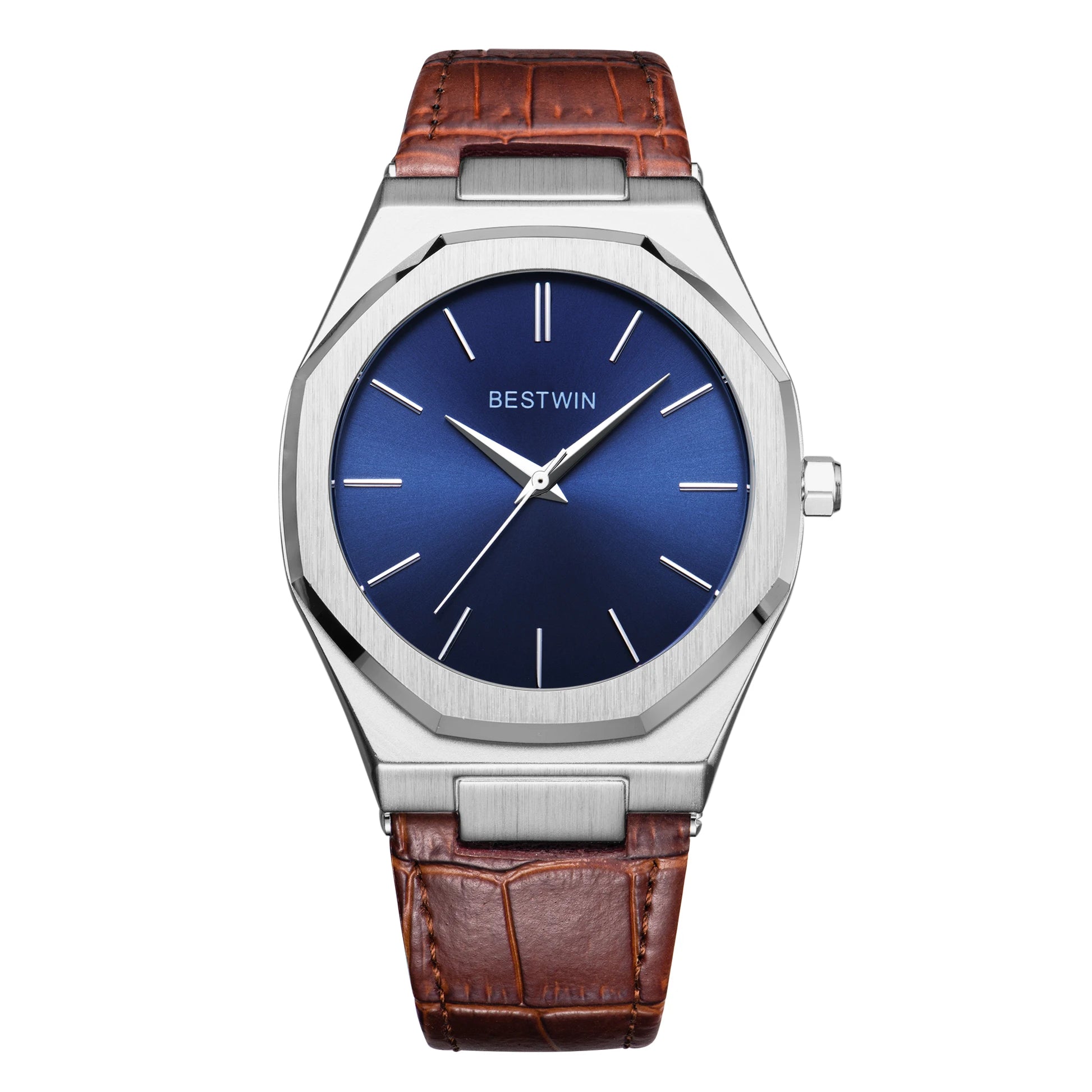 Top Brand New Watch Fashion Design Leisure Business Silver Blue Leather 3ATM Waterproof Quartz Mens Watch Reloj Hombre.