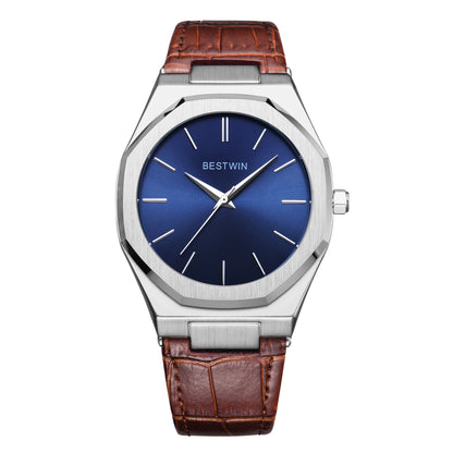 Top Brand New Watch Fashion Design Leisure Business Silver Blue Leather 3ATM Waterproof Quartz Mens Watch Reloj Hombre.