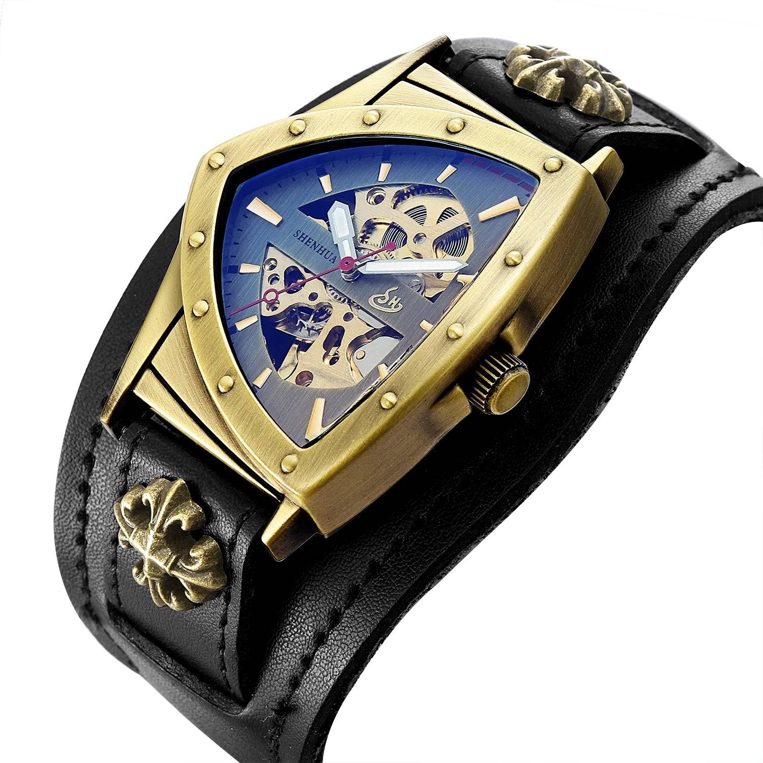 SHENHUA Luxury Skeleton Dial Men's Automatic Mechanical Watch Antique Bronze Steampunk Triangle Wristwatches.