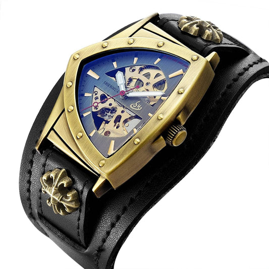 SHENHUA Luxury Skeleton Dial Men's Automatic Mechanical Watch Antique Bronze Steampunk Triangle Wristwatches.