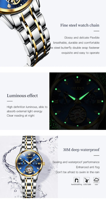 Montre automatique OLEVS pour femme, squelette lumineux étanche, originale, mécanique, élégante, pour femme