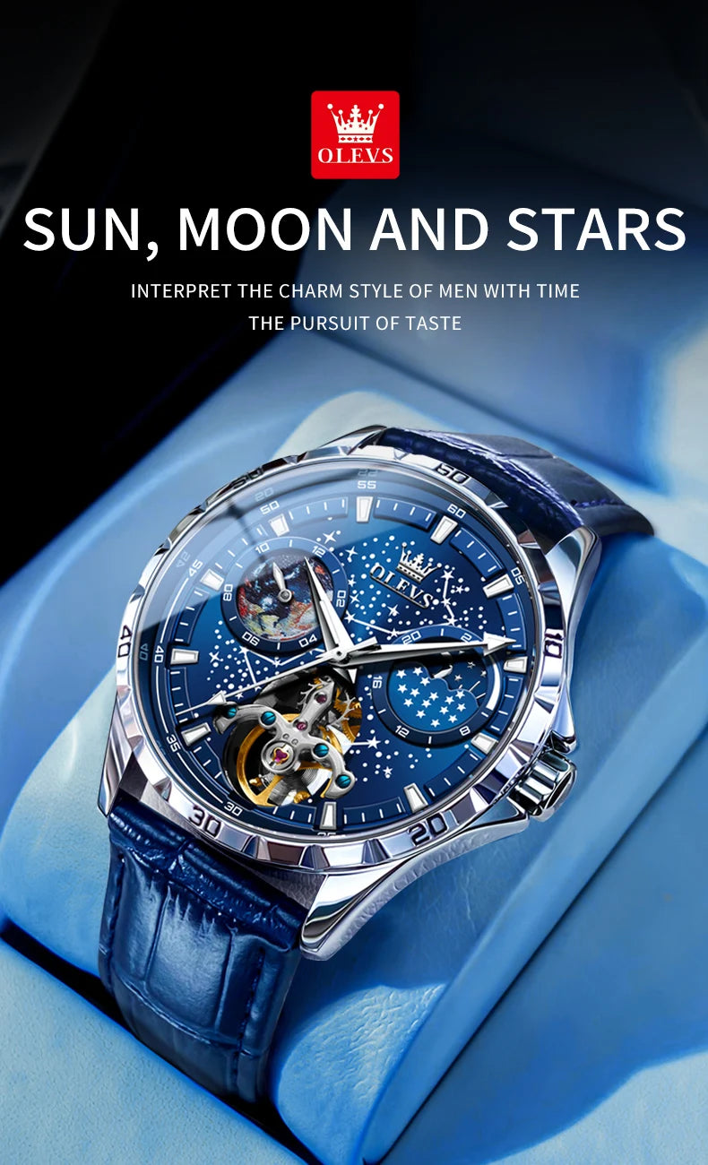 OLEVS New Men's Automatic Watch Skeleton Multifunctional Starry Sky Stainless Steel Leather Watchband Luxury Dress Wrist Watches