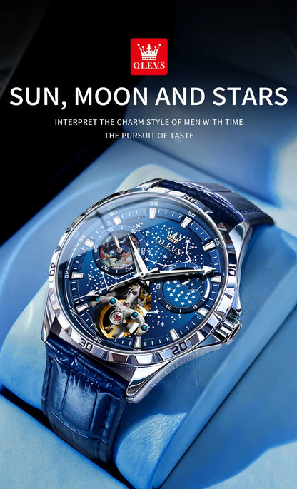 OLEVS New Men's Automatic Watch Skeleton Multifunctional Starry Sky Stainless Steel Leather Watchband Luxury Dress Wrist Watches
