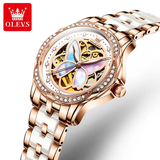 Montre mécanique OLEVS pour femme en céramique avec bracelet bleu Montre-bracelet originale Squelette automatique Diamant Élégant Ensemble de montres pour femme