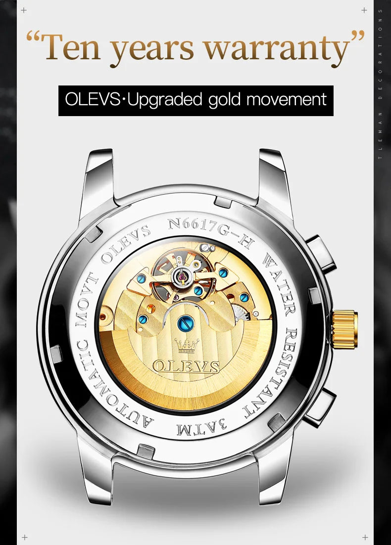 OLEVS Original Automatic Mechanical Watch for Men Luxury TOP Brand Waterproof Luminous Moon Phase Tourbillon Wristwatch Male
