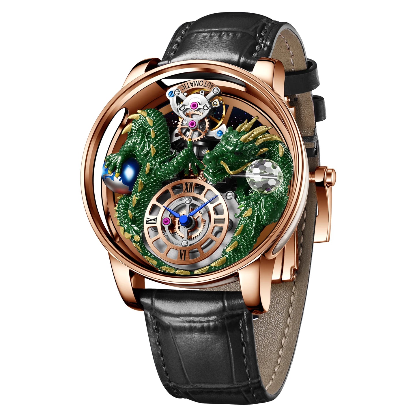 PINDU Men's Watch: Handmade Dragon Design with Curved Transparent Mirror