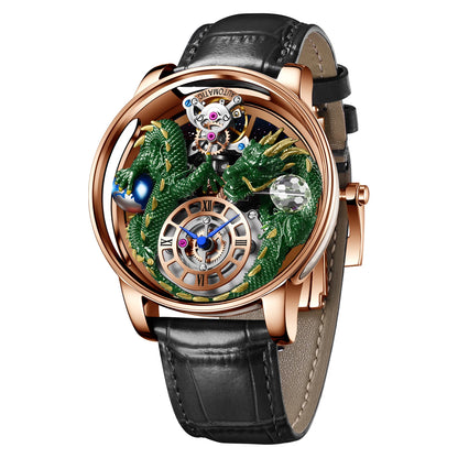 PINDU Men's Watch: Handmade Dragon Design with Curved Transparent Mirror