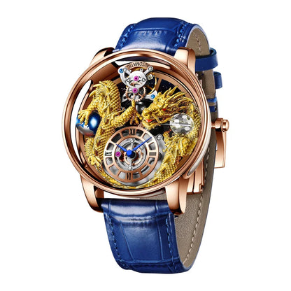 PINDU Men's Watch: Handmade Dragon Design with Curved Transparent Mirror