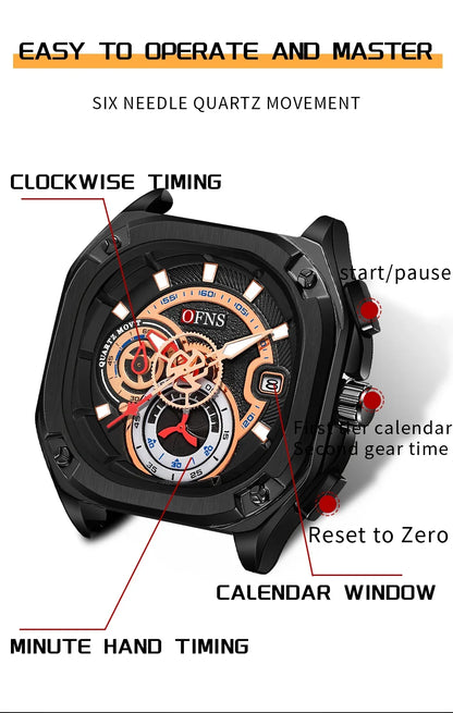 OFNS 1510 New Fashion Men's Quartz Watch Popular Square Watch Fluorescent Minimalist Calendar Waterproof Quartz Watch